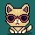 THERMOCLINE: Pixel art cat face with purple sunglasses and raised paw on teal background.