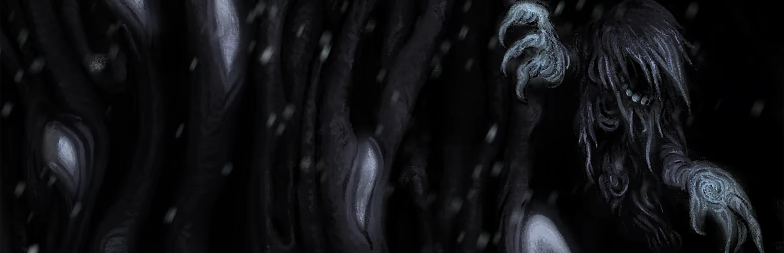 THERMOCLINE: Shadowy clawed creature with glowing eyes in a dark snowy blizzard.