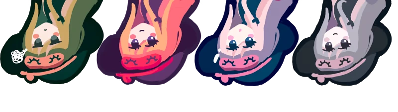 Colorful Characters – Theta and Paralldox on Worldlines Theta and Paralldox on Worldlines: Four upside-down characters with colorful hair and hats.