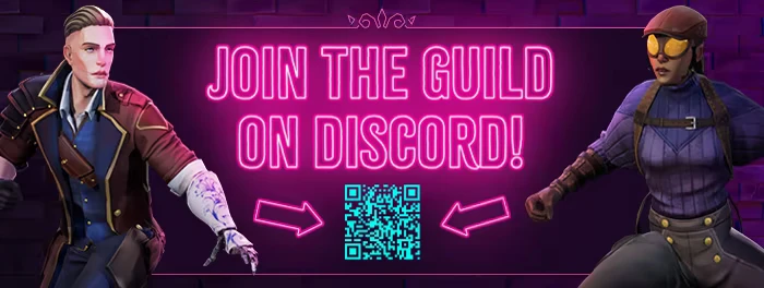 Discord Invite Banner – Thick As Thieves Thick As Thieves: Neon “JOIN THE GUILD ON DISCORD!” with QR code and two characters.
