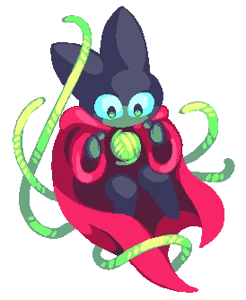 Thread Wrapped Hero – Threadbound Threadbound: Pixel art black cat with blue eyes in red cloak, holding green yarn thread.