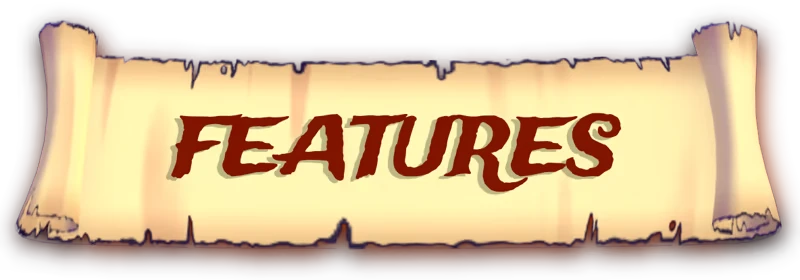 Tile Tales: "FEATURES" text on a parchment-style background with jagged edges.