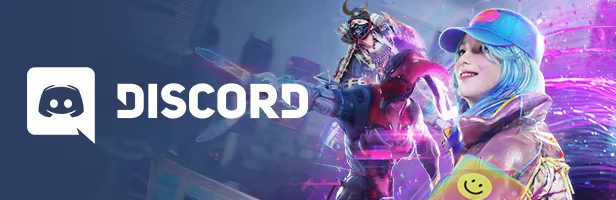 Discord Promo – Time Takers Time Takers: Discord logo and text beside two colorful sci‑fi characters on purple glow.