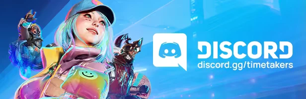 Time Takers: Three colorful characters, Discord logo, and URL on a vibrant blue background.