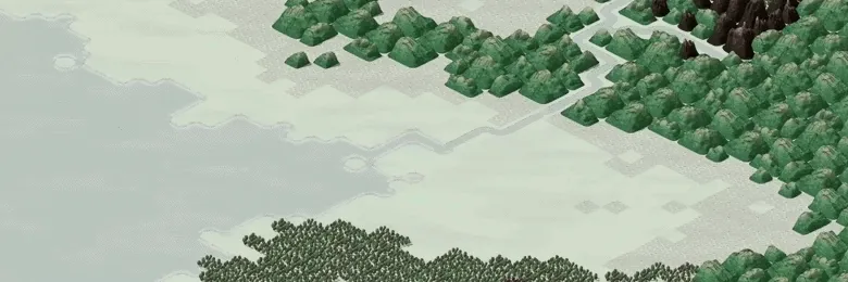 Times of Progress: Isometric map with coastline, pale terrain, and dense green forests.