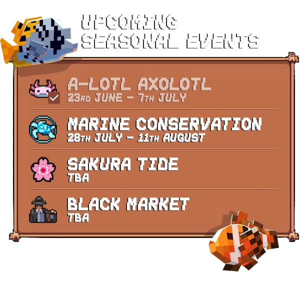 Tiny Aquarium: Pixel fish, "Upcoming Seasonal Events" text, event list with icons and dates.