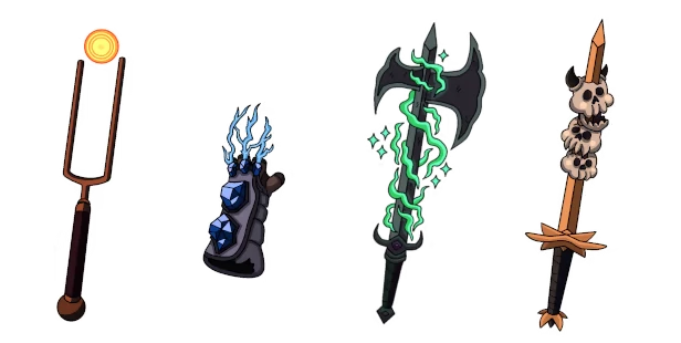 Weapons Collection – Tiny Crypts Tiny Crypts: Four weapons—a tuning fork, gauntlet, green-glowing axe, and skull-adorned sword.
