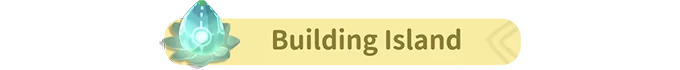 Tiny Isle: A glowing blue crystal beside "Building Island" text on a yellow banner.