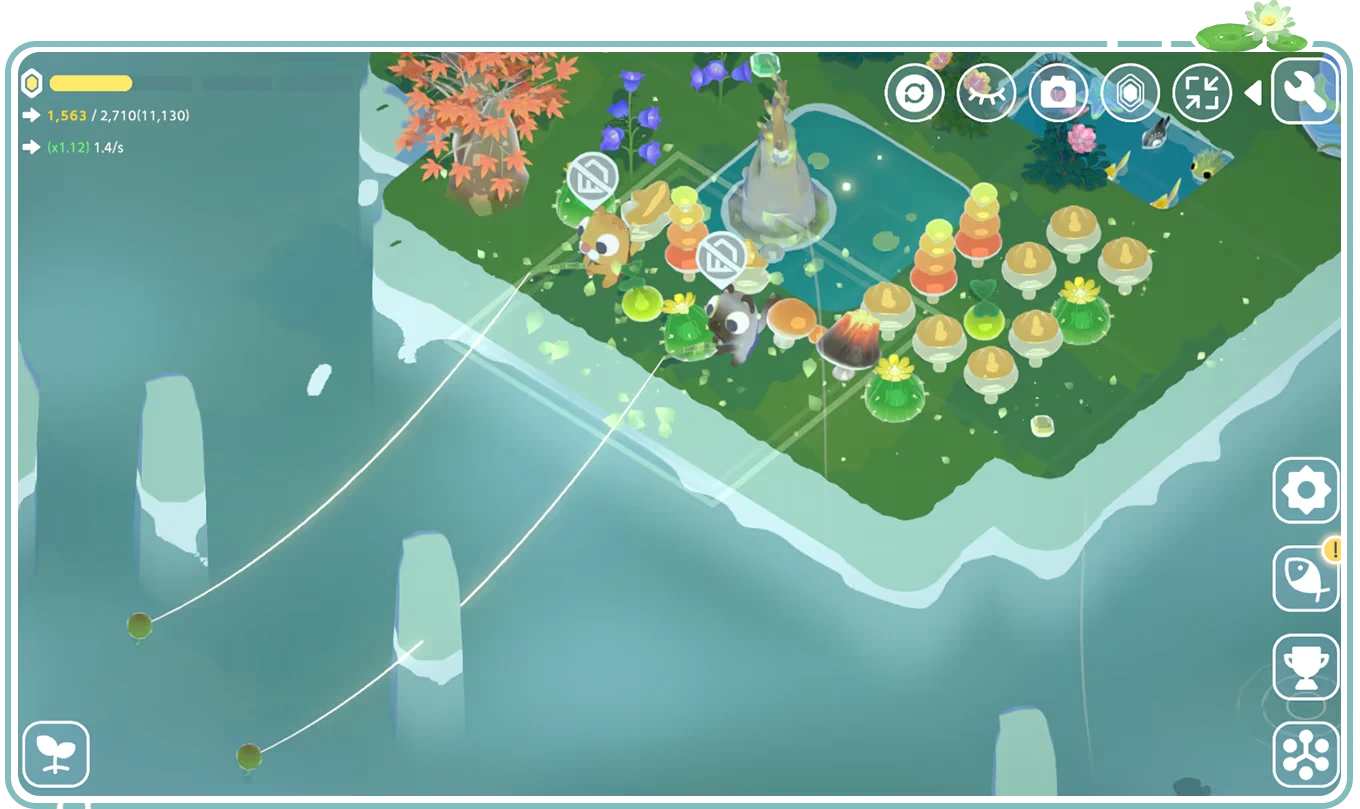 Tiny Isle: A small island with colorful plants, cute animals, and various UI icons on the screen.