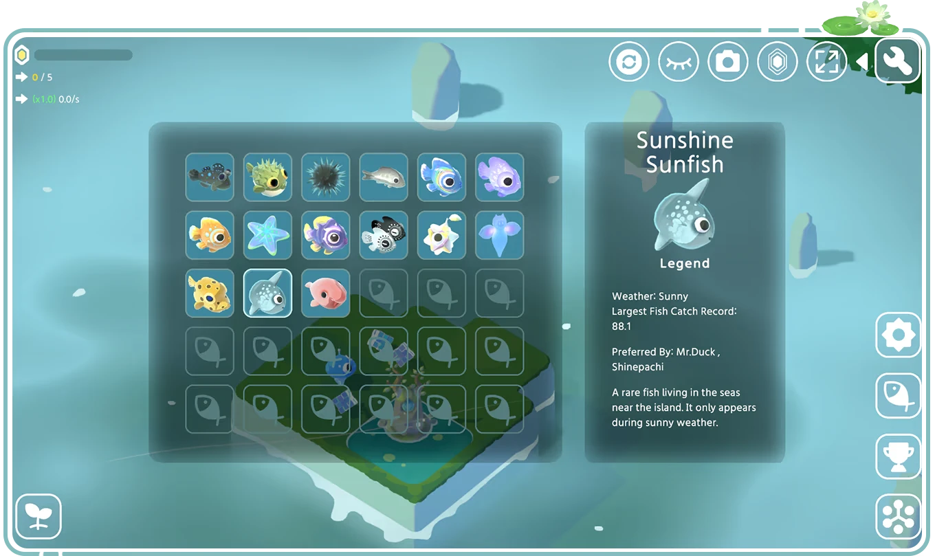 Tiny Isle: Fish collection UI with various fish icons and "Sunshine Sunfish" details on the right.