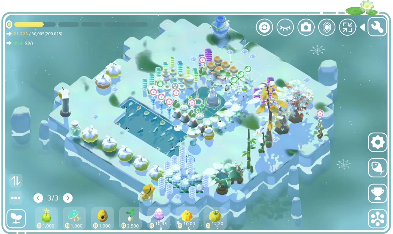 Tiny Isle: Snowy island with colorful plants, fish pond, and UI icons on a serene background.