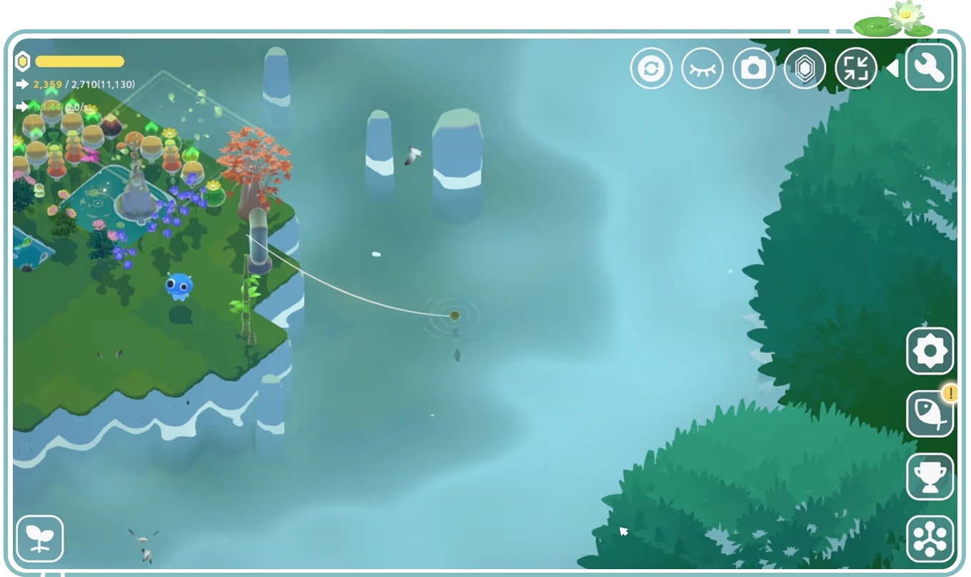 Tiny Isle: A small island with colorful plants, a blue creature, and fishing in calm waters.