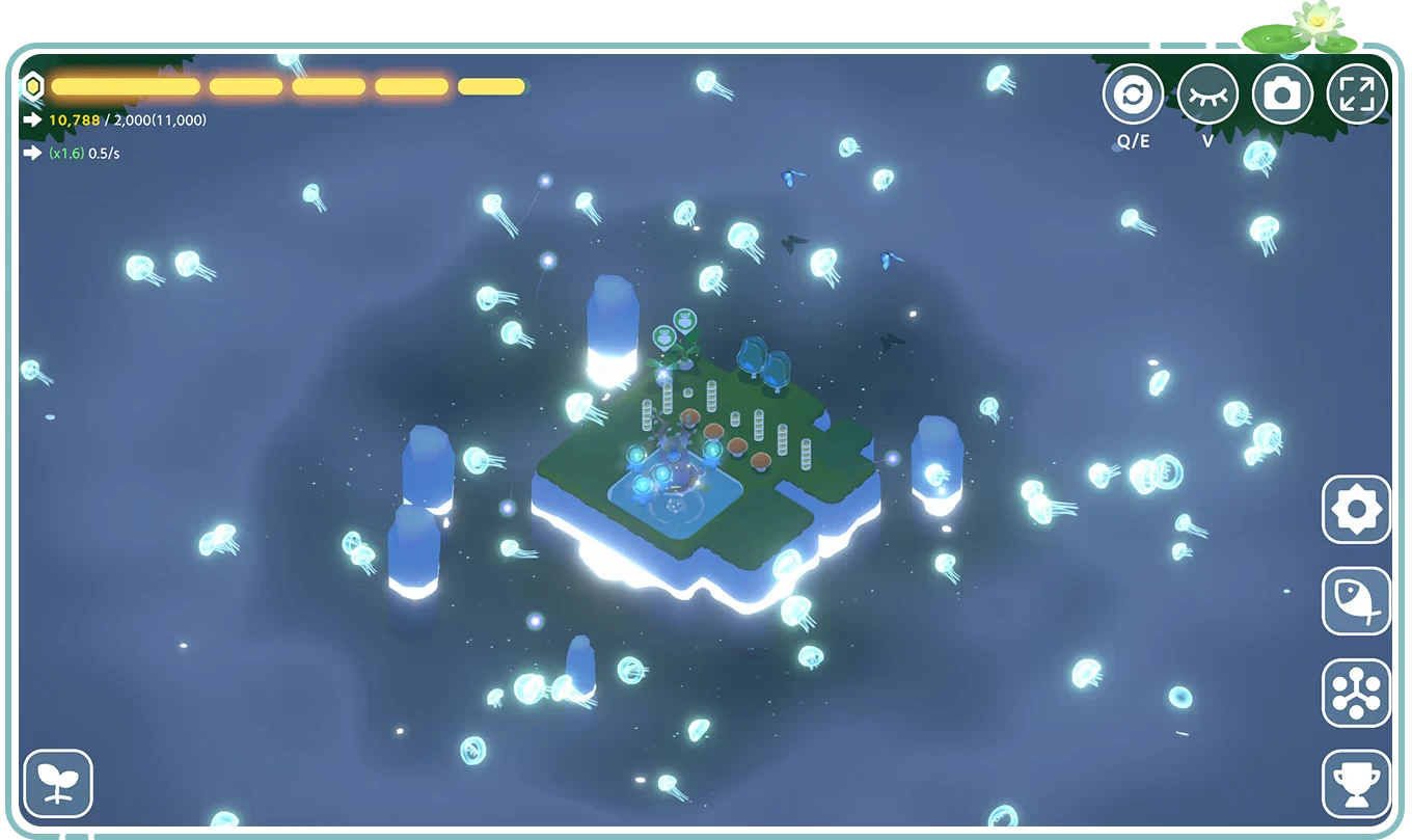 Tiny Isle: A small island with glowing jellyfish, UI icons, and resource bars on a blue background.
