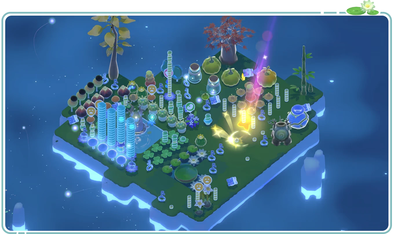 Tiny Isle: A small island with glowing plants, colorful trees, jars, and stacks of blue coins.