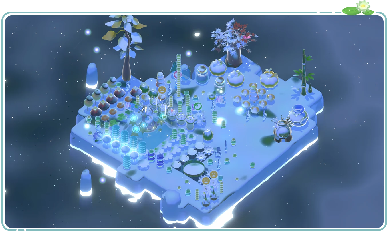 Tiny Isle: A small, snowy island with glowing plants, trees, jars, and floating orbs under a starry sky.