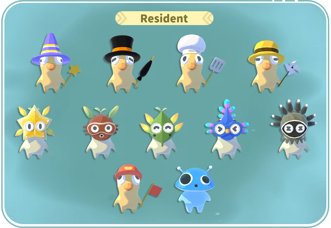 Tiny Isle: Eleven quirky characters in hats and costumes, labeled "Resident" on a teal background.
