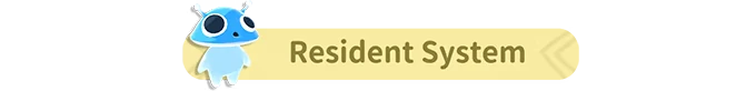 Tiny Isle: Blue creature with big eyes beside "Resident System" text on a yellow banner.