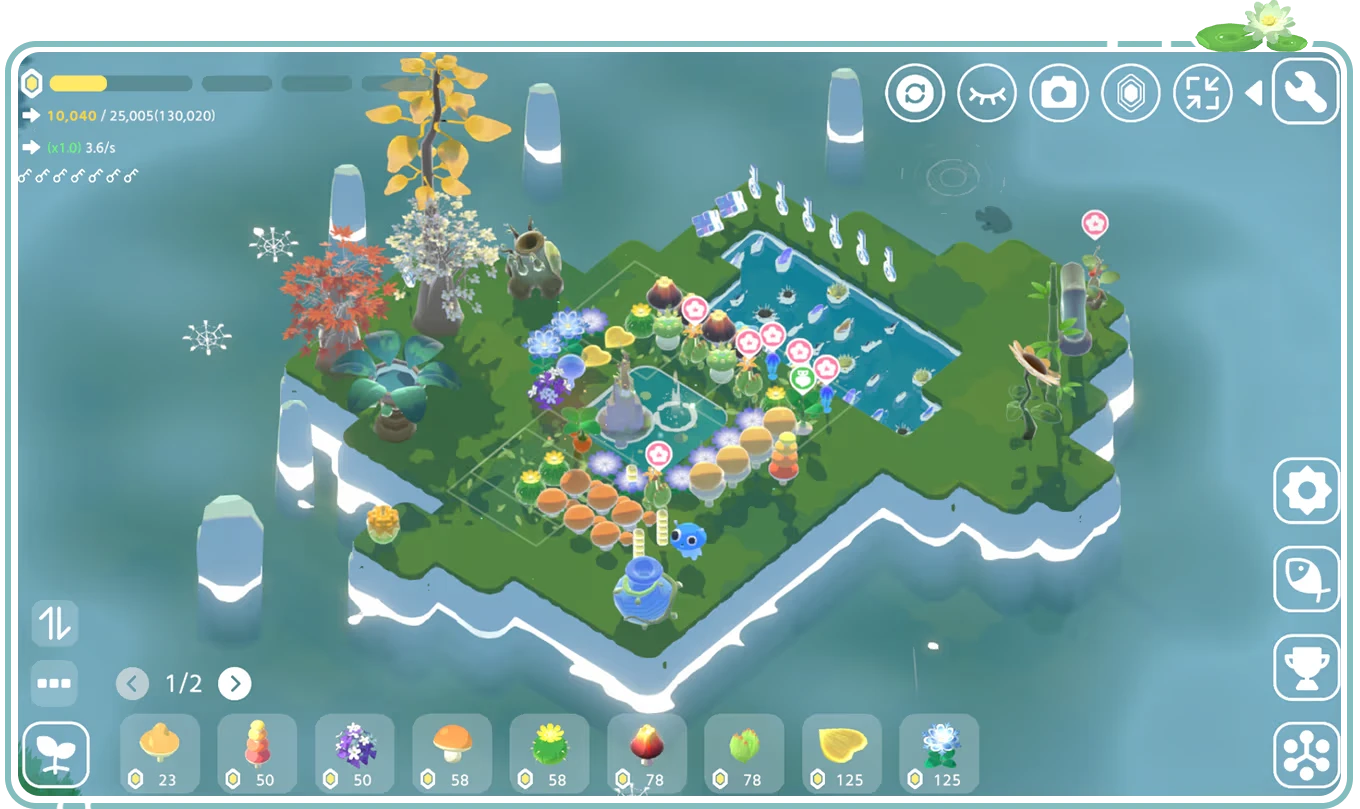 Tiny Isle: Vibrant island with colorful plants, a pond, and various UI icons on the screen.