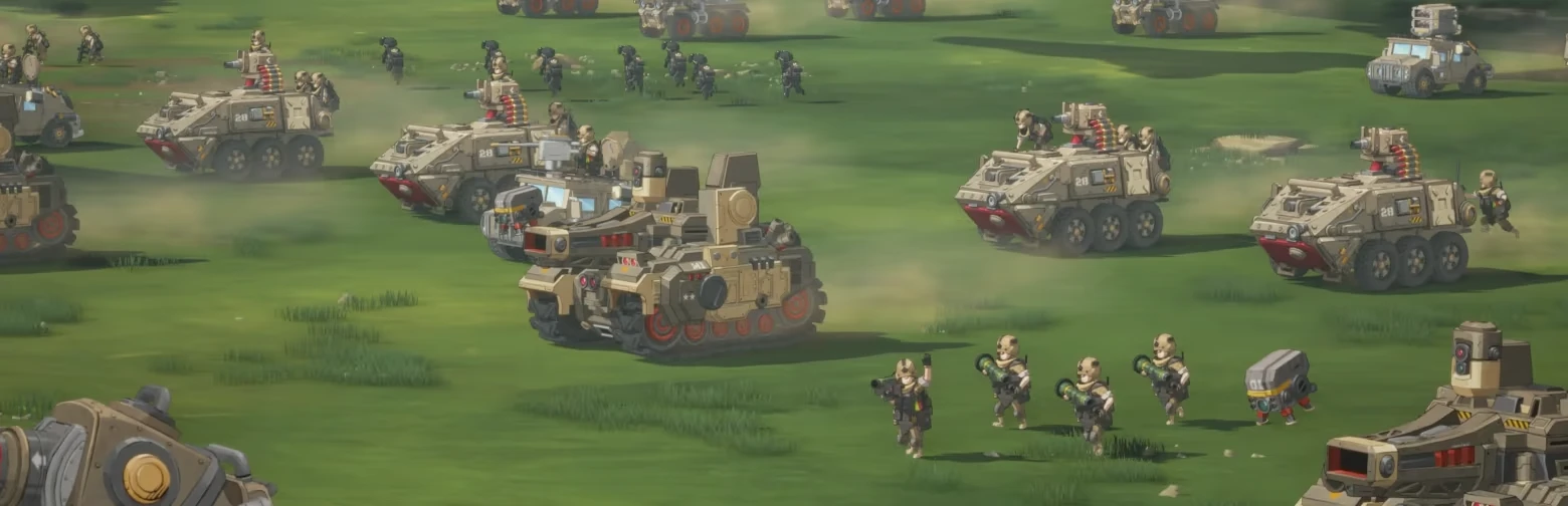 TINY METAL 2: Armored vehicles and infantry units advancing across a grassy field.