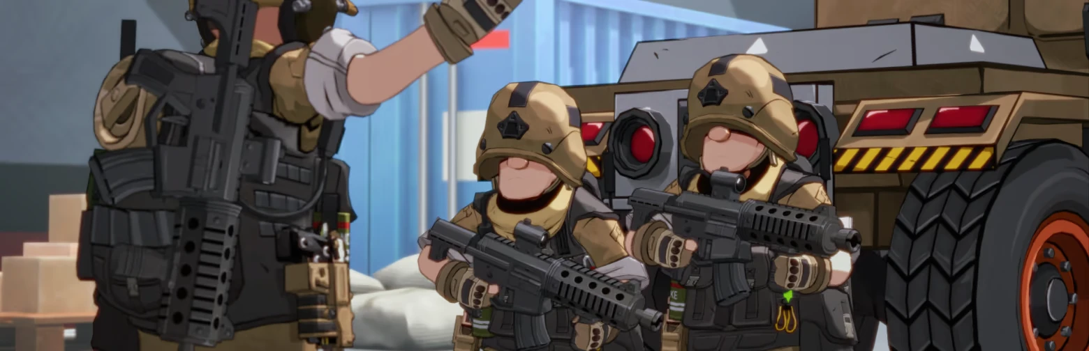 TINY METAL 2: Two helmeted soldiers aim rifles beside an armored vehicle wheel.