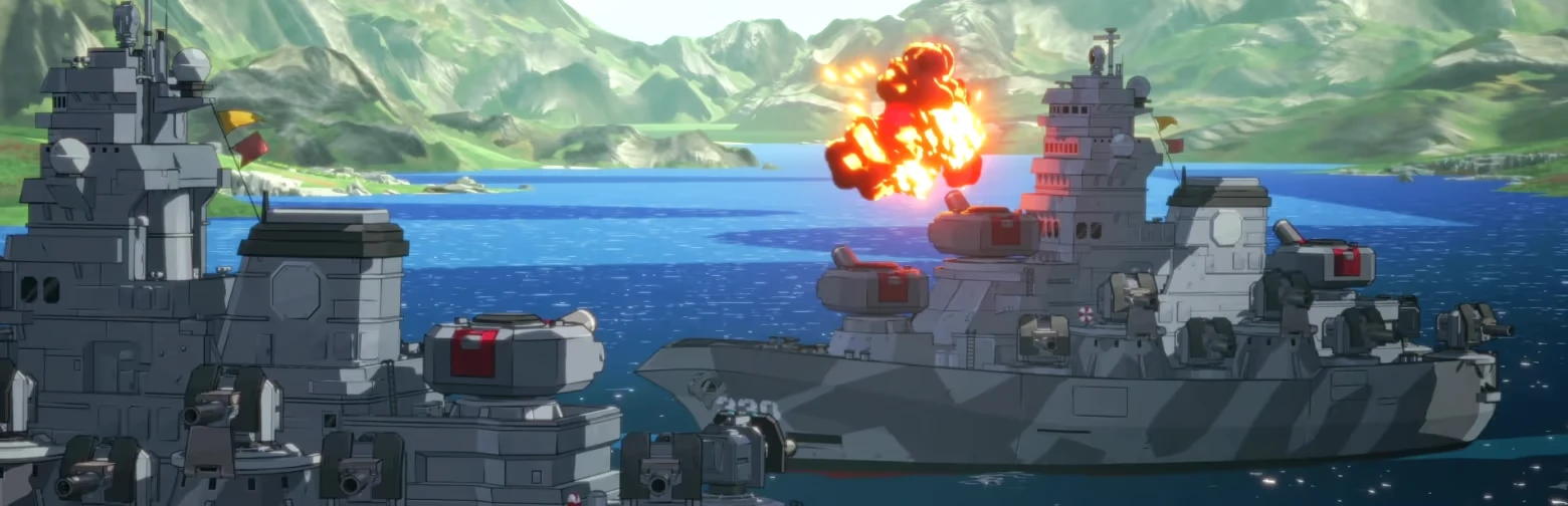 TINY METAL 2: Two gray battleships at sea, one hit by a bright orange explosion.