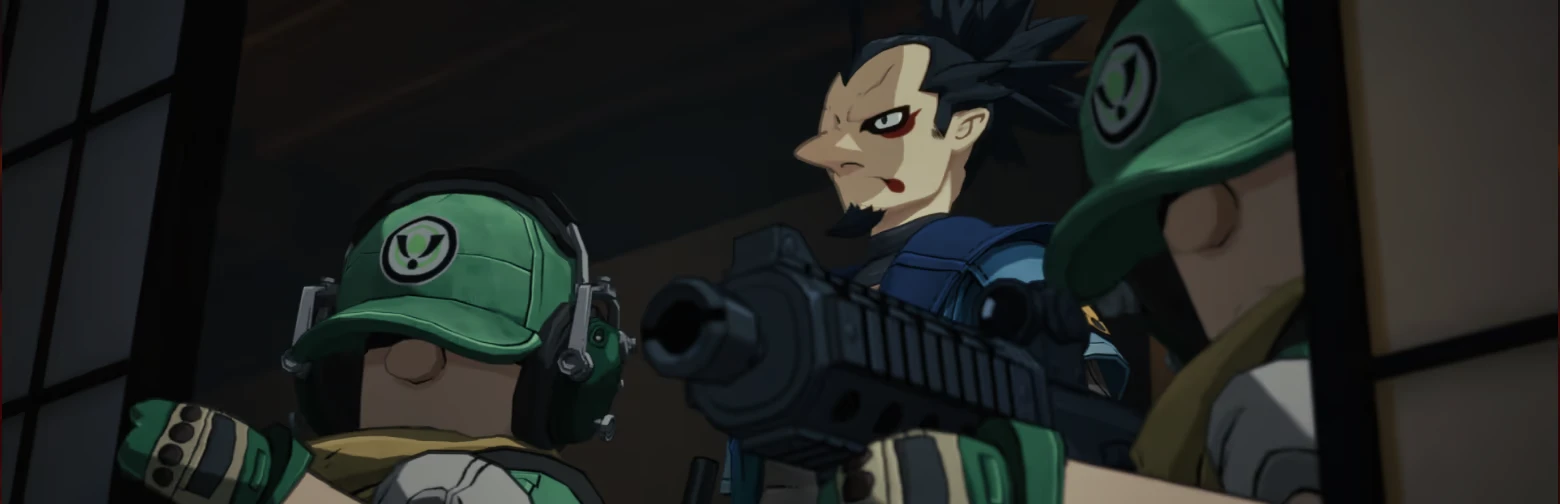 TINY METAL 2: Blue-armored man aims rifle behind two green-capped soldiers indoors.