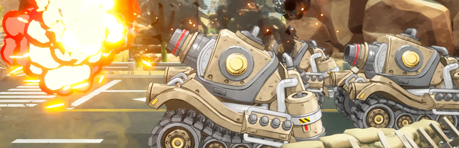 TINY METAL 2: Tank convoy on road as huge explosion erupts beside them.