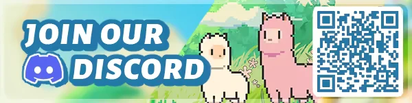 Tiny Pasture: Pixelated sheep and alpaca in a field, "JOIN OUR DISCORD" text, QR code.