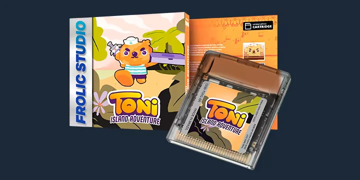 Toni Island Adventure: Game box with sailor dog, cartridge, and "FROLIC STUDIO" text.