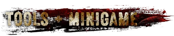 TORMENTOR: "TOOLS + MINIGAME" in distressed white text on a dark, textured red background.