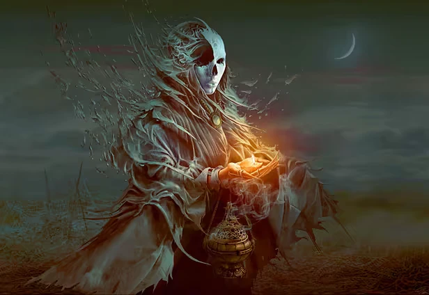Tormentum II: Masked figure in tattered cloak holds glowing flame under crescent moon.