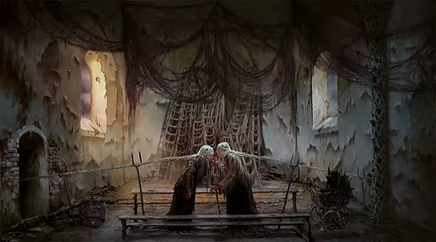 Tormentum II: Two hooded figures in a ruined room with hanging nets and broken benches.