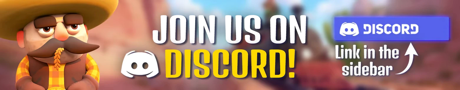 Totally Safe Railway Co. 🚂: Cowboy with mustache; “JOIN US ON DISCORD!” and Discord logo banner.