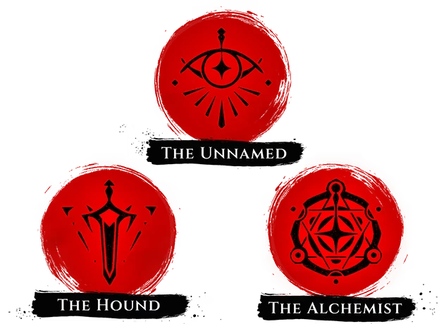 TOUCHSTARVED: Three red circles with black symbols labeled The Unnamed, The Hound, The Alchemist.