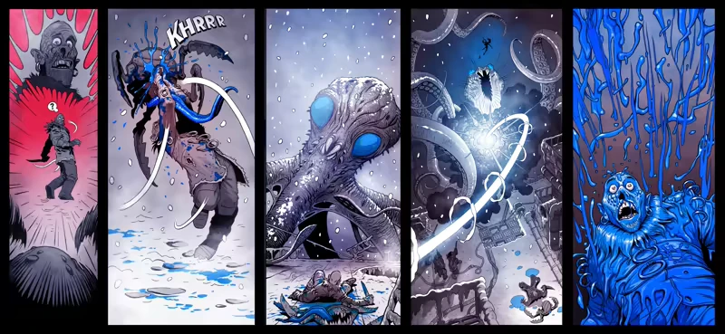 Tower Petroleum: Comic panels show a monster attack, blue liquid, and a shocked character.