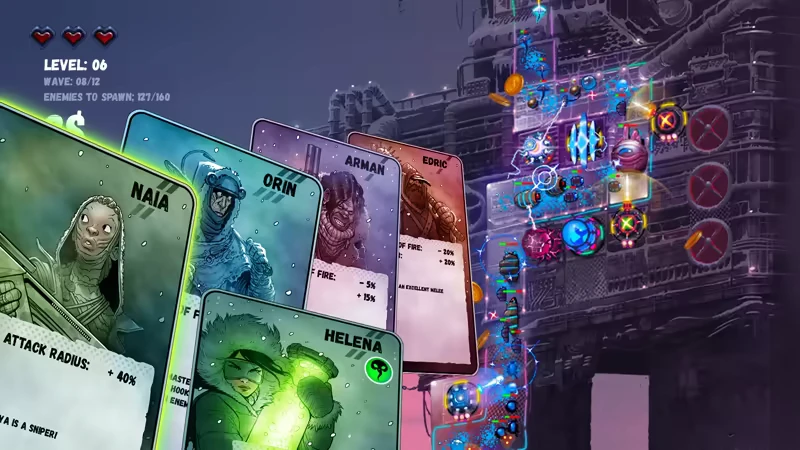 Tower Petroleum: Character cards with stats overlay a futuristic tower defense scene.