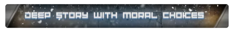 Tower Petroleum: Text reads "DEEP STORY WITH MORAL CHOICES" in pixelated font on a snowy background.