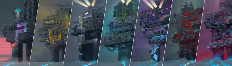 Tower Petroleum: Six industrial towers with colorful lights, divided by diagonal lines.