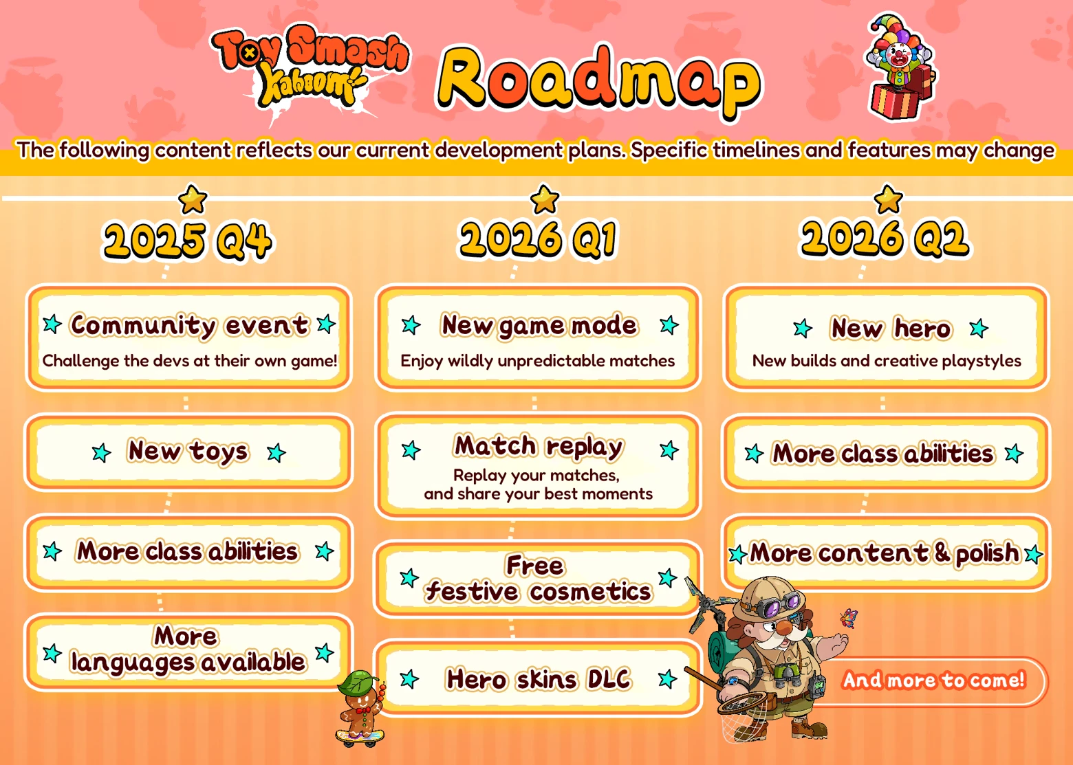 Toy Smash Kaboom!: Roadmap with updates for 2025 Q4 to 2026 Q2, featuring new modes and events.