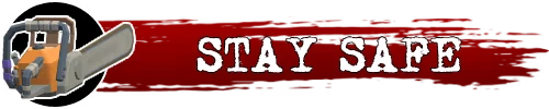 Chainsaw Warning β TOYCRAFTER TOYCRAFTER: Chainsaw icon on left, bold white "STAY SAFE" text on red brushstroke background.