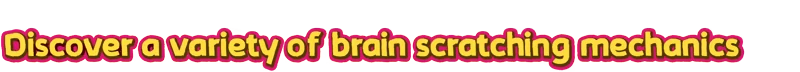 Trackastrophe!: Bold text reads "Discover a variety of brain scratching mechanics" in yellow and pink.