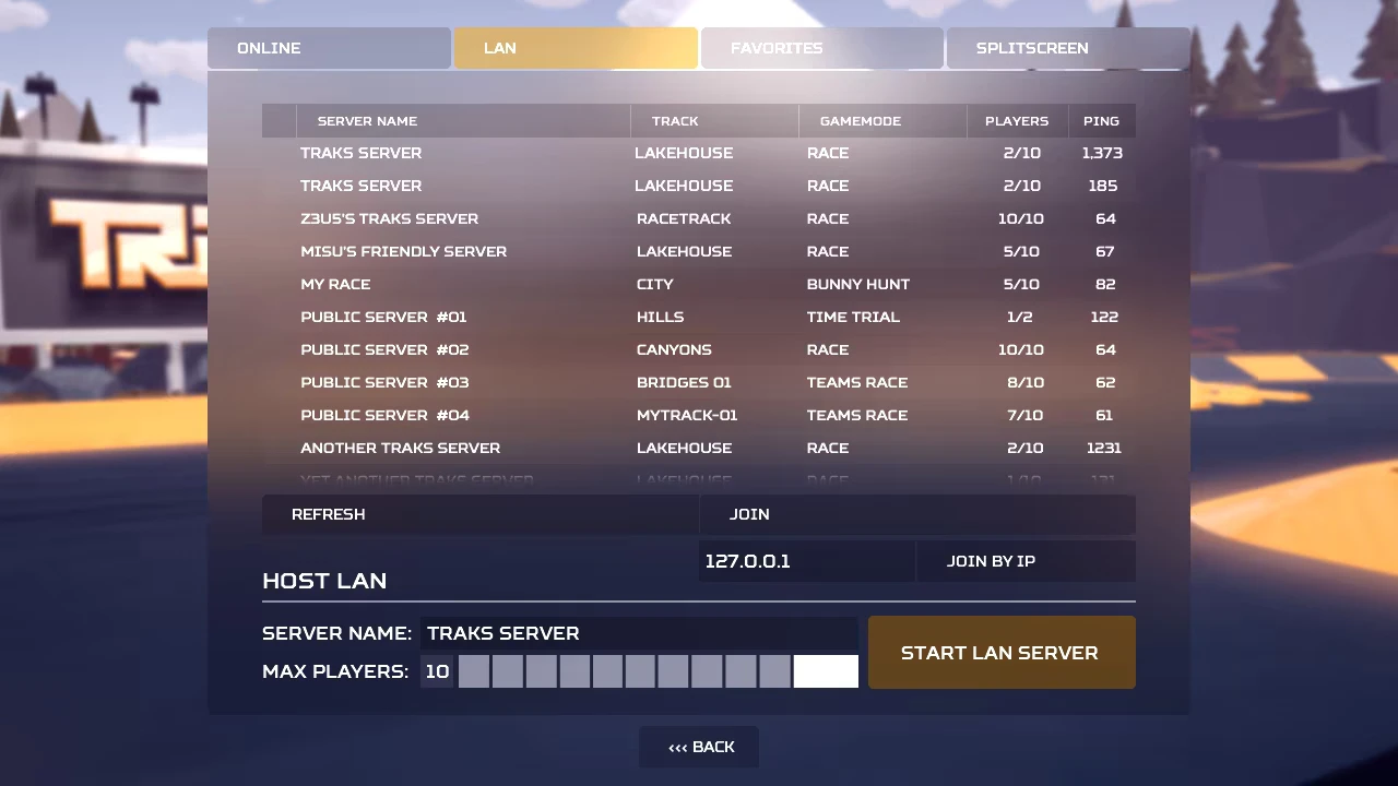 Traks: LAN server list menu with columns for track, gamemode, players, ping.