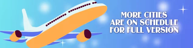 Airplane Announcement – Travel On, Pigeon! Travel On, Pigeon!: Cartoon airplane on blue sky; text reads "More cities are on schedule for full version."