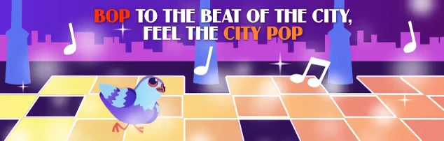City Rhythm – Travel On, Pigeon! Travel On, Pigeon!: A cheerful pigeon on a glowing dance floor with musical notes and city skyline.