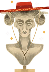 Ram Horned Portrait – Travelling At Night Travelling At Night: Gray horned bust in red wide-brim hat, gold stars on black background.