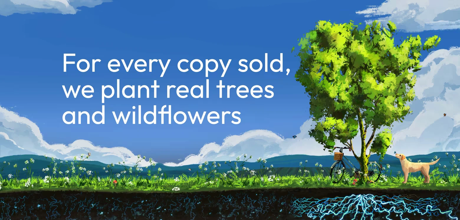 Treeplanter: White text on blue sky, tree with bicycle and dog, roots below soil.