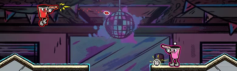 Trickshotterz: Cartoon cups aiming pistols on platforms under a disco ball backdrop.