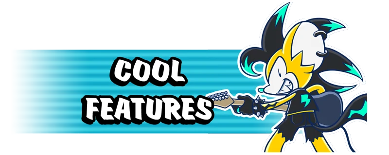 Tricky and the Dream Caster: “COOL FEATURES” banner with cartoon character holding guitar.
