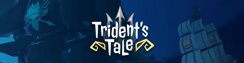 Trident's Tale: Logo with tridents, skull emblem, and ship with sails in a dark blue sea.