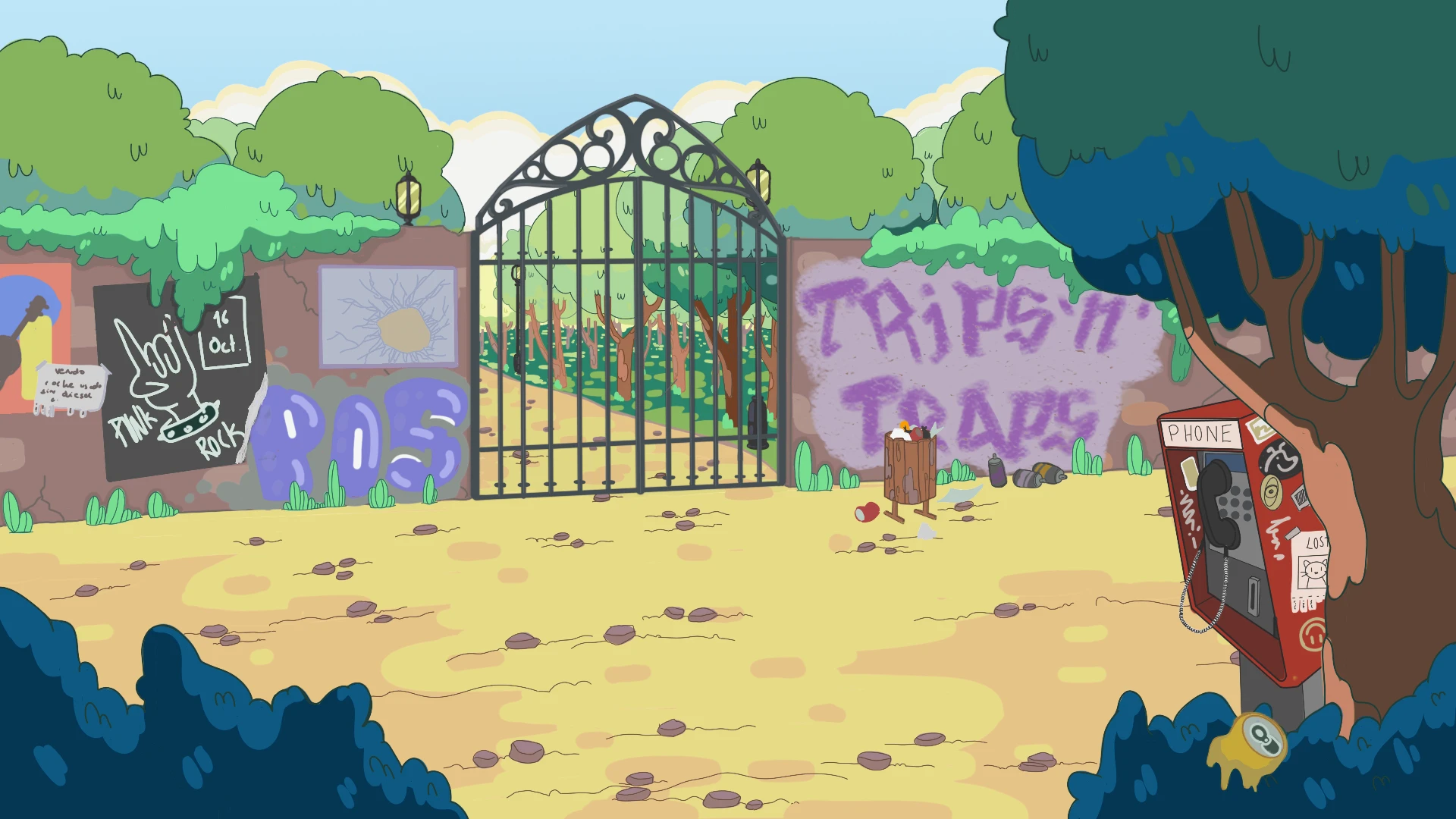 Park Entrance Gate – Trips'n'Traps - A Vicious Odyssey Trips'n'Traps: Park gate with graffiti wall, posters, trash bin, and red phone booth.
